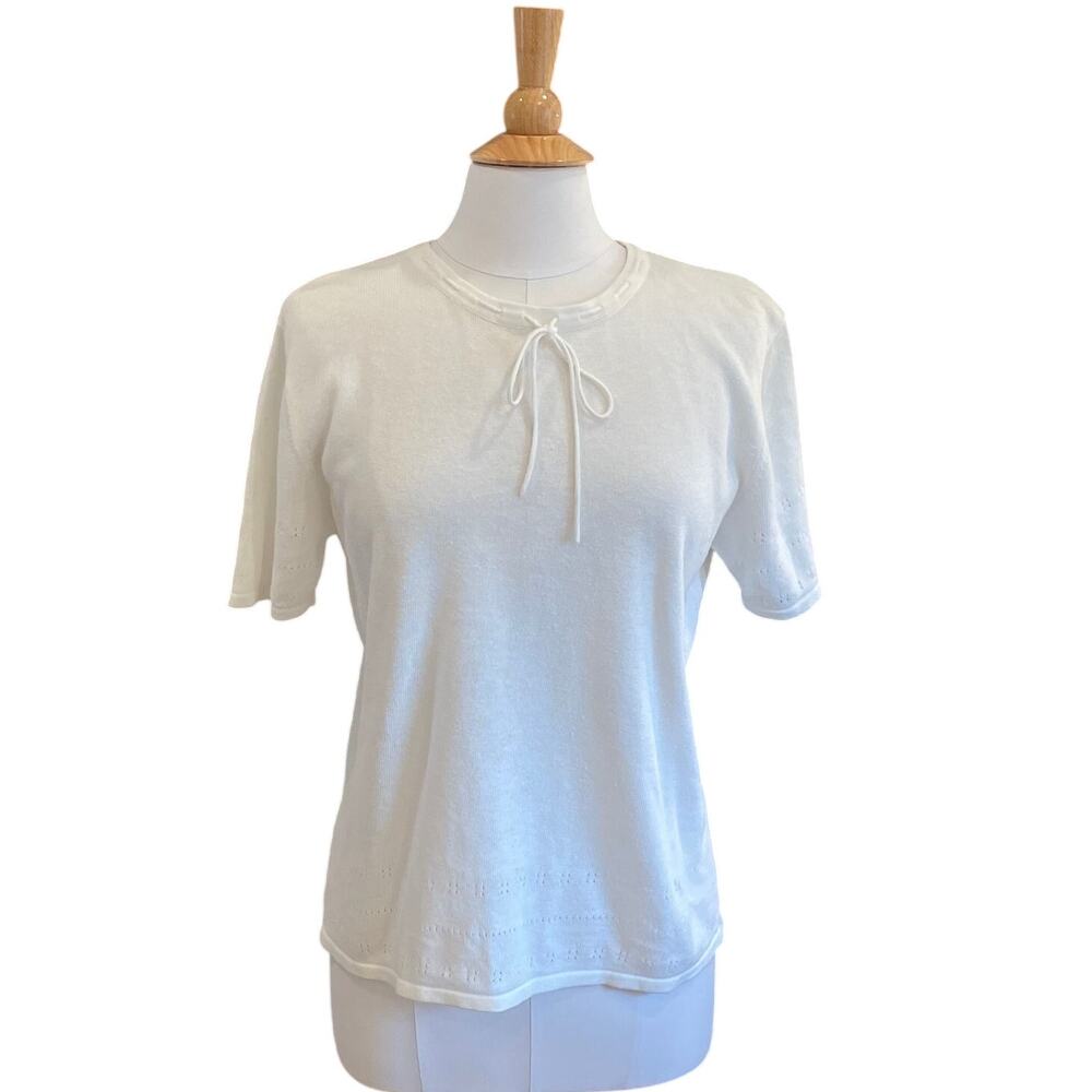 Sag Harbor Petite White Short Sleeve Sweater Pointelle Knit  Tie Neck Ramie, LP